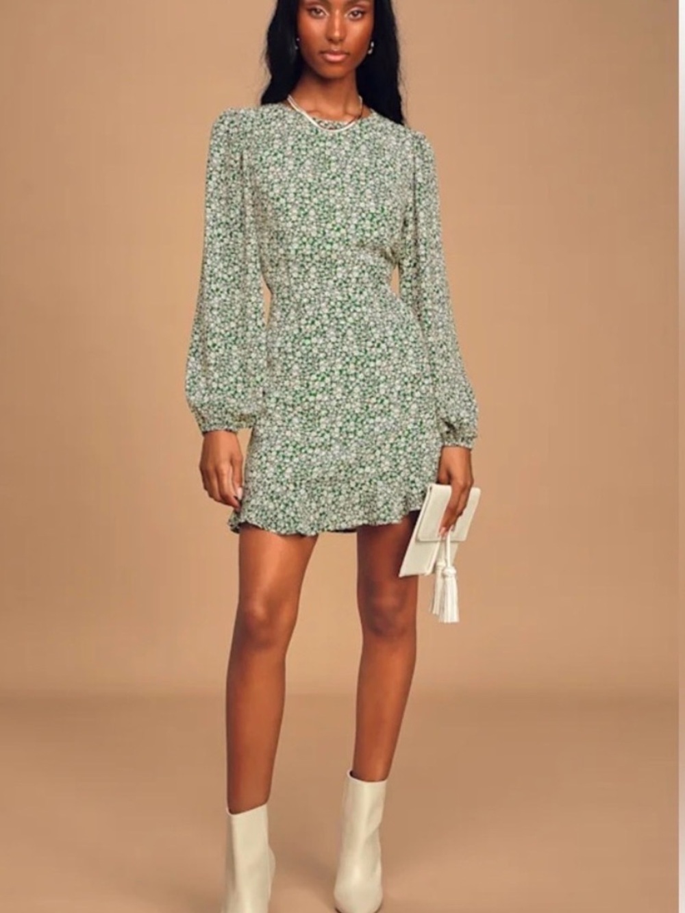 Lulu's Green Floral Long-Sleeve Mini Dress